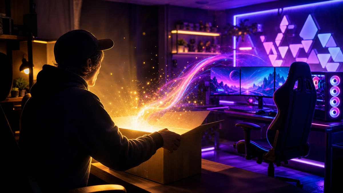Creator reaction clip example for Grok Imagine video generation with a neon gaming room transformation