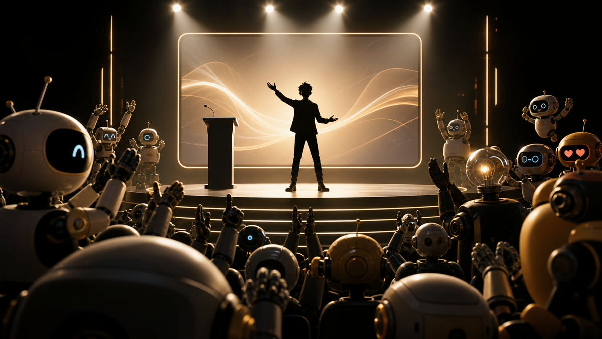 Meme-style Grok Imagine video prompt example showing a startup keynote with friendly robots in the audience