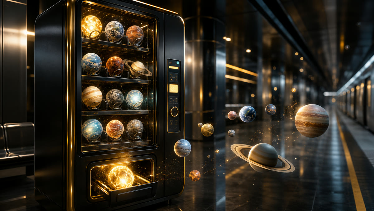 Surreal product hook example for Grok Imagine video generation with tiny glowing planets in a vending machine