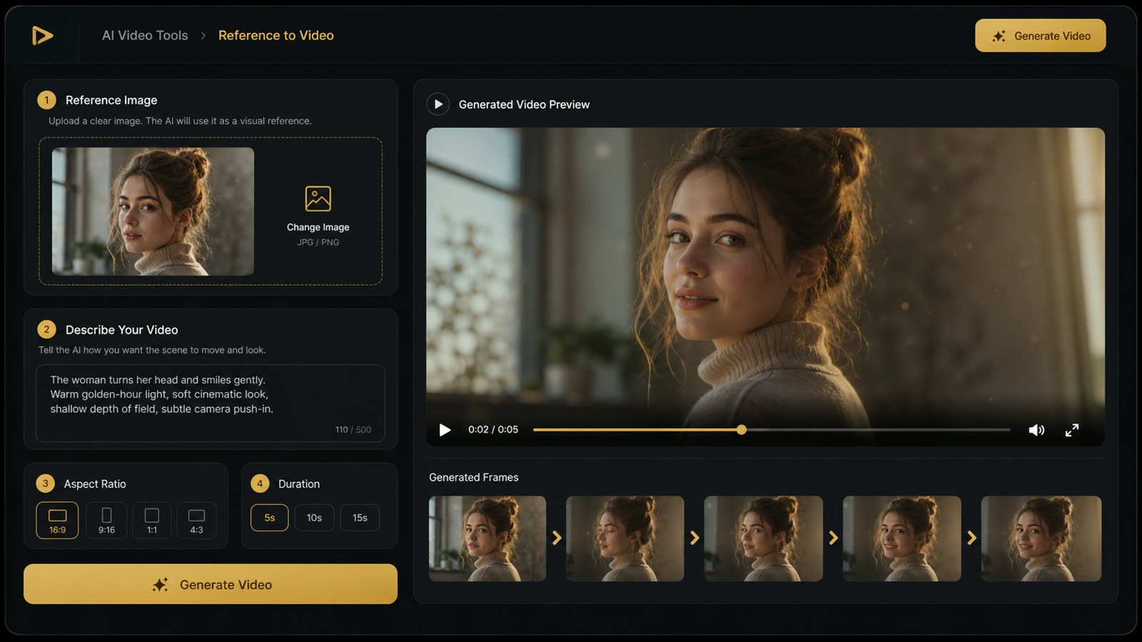 Reference to Video AI workspace with a reference image, prompt controls, aspect ratio options, and video preview