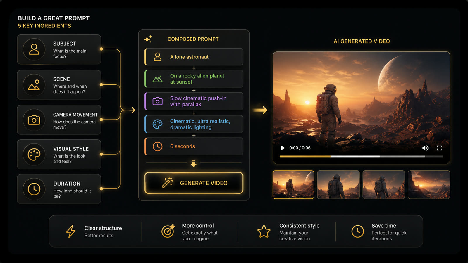 Text to Video prompt guide showing subject, scene, camera movement, visual style, and duration details