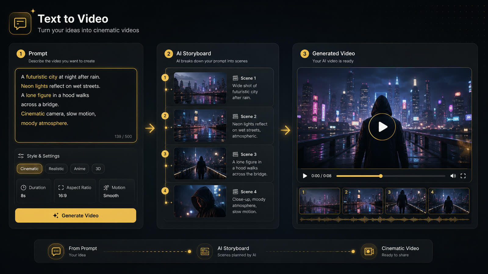 Text prompt converted into an AI video storyboard and final generated video preview