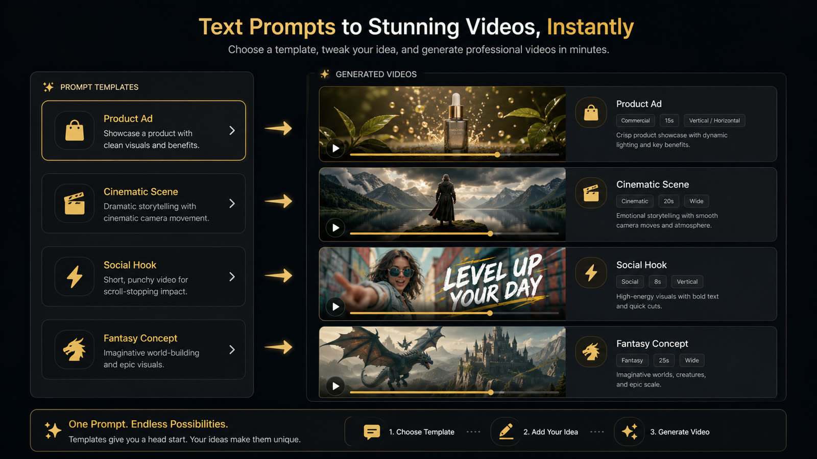 Four Text to Video prompt templates generating product ad, cinematic scene, social hook, and fantasy concept previews