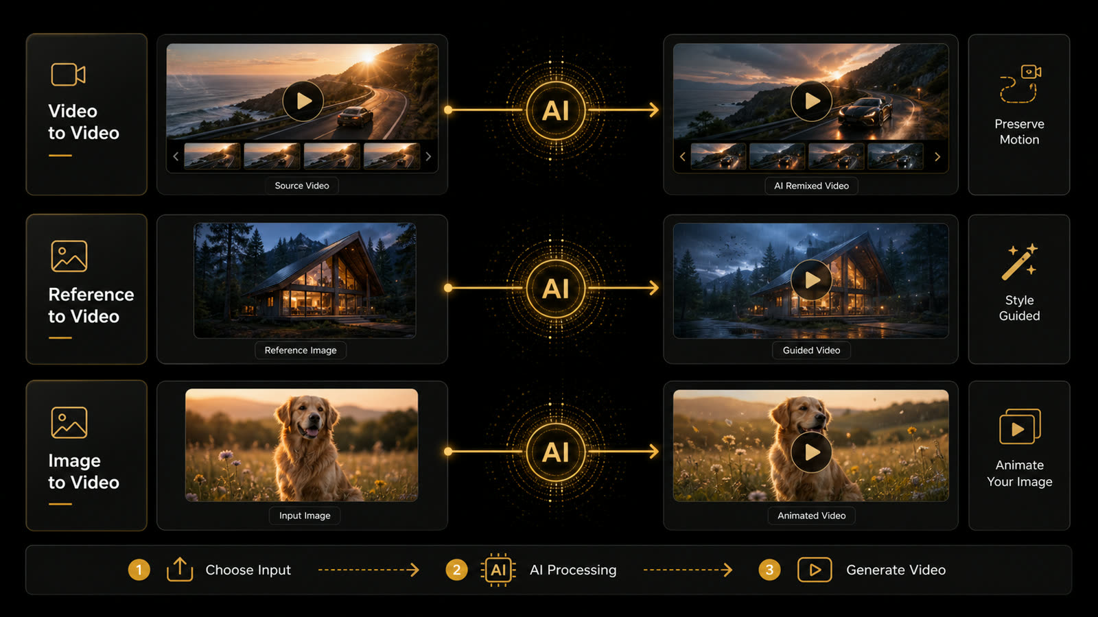 Workflow comparison showing Video to Video starting from a source clip while Reference to Video and Image to Video start from still images