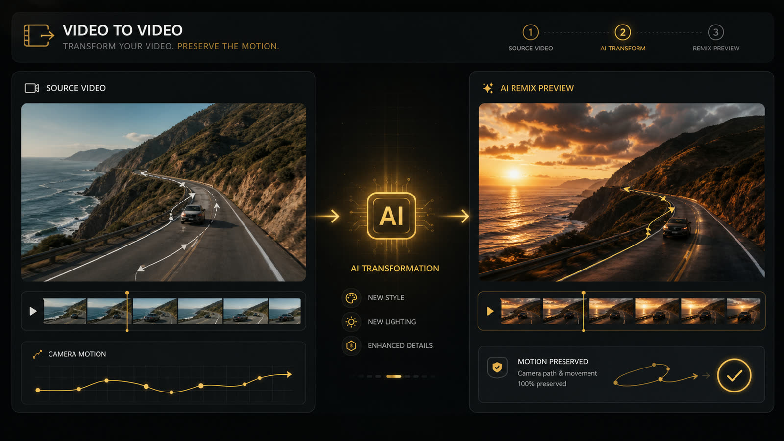 Existing source video clip transformed into a cinematic AI video remix while keeping the original camera motion
