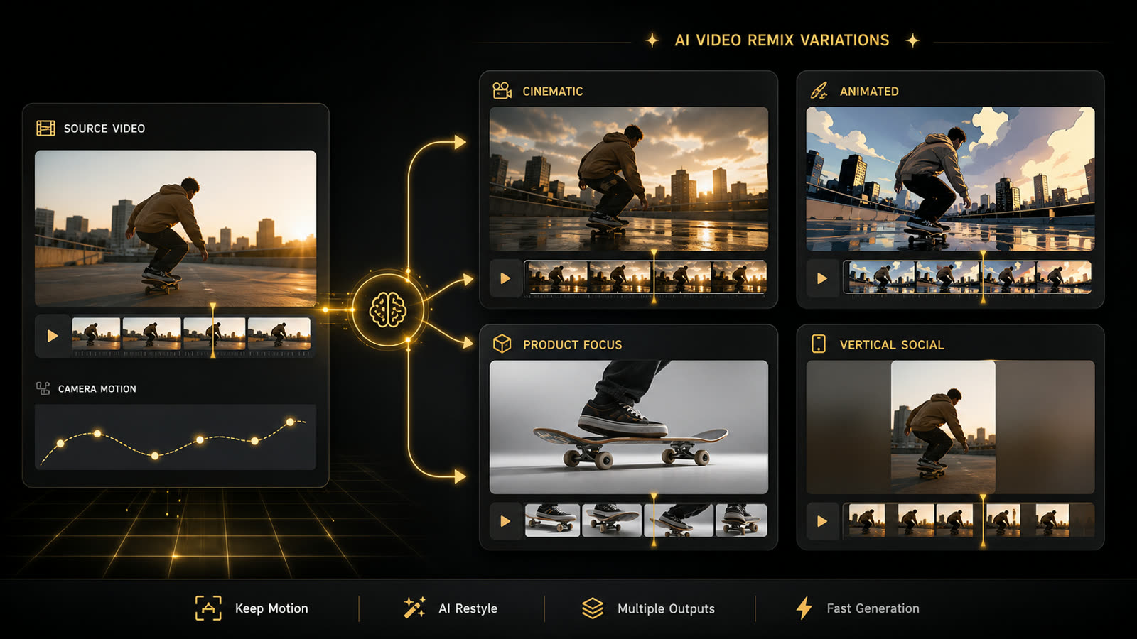 Four AI video remix variations created from one existing source clip for different creative directions
