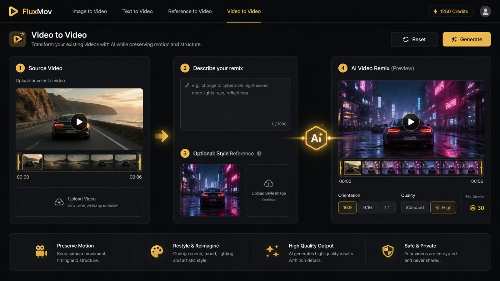 Video to Video AI workspace showing a source video upload, prompt field, optional style image, and generated remix preview